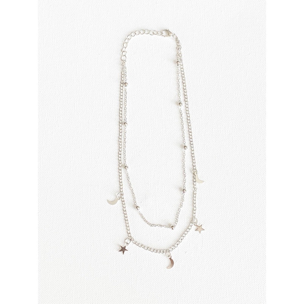 Anthropologie Necklace Night Sky Star Moon Silver Beaded Double Choker Zodiac
